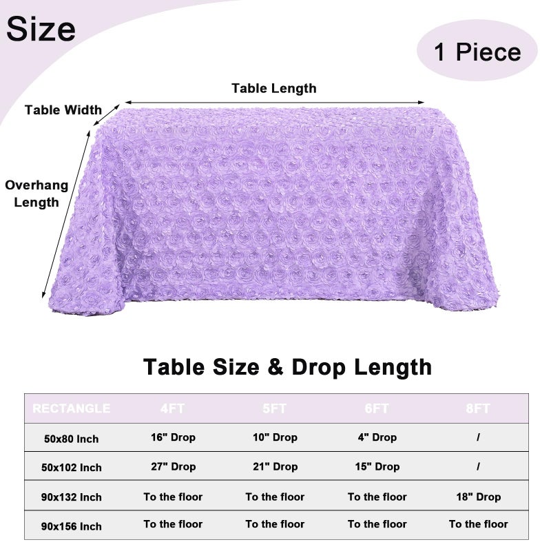 Fanqisi 3D Floral Tablecloth Rectangular 90x132 Inches Lavender Rosette Tablecloth for Outdoor Dinner Wedding Baby Shower Cake Table Decoration - Image 4